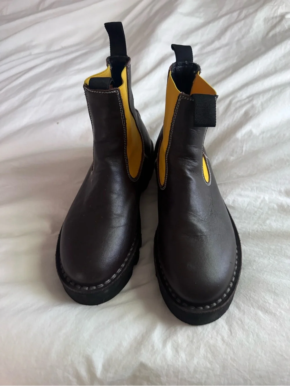 Sophie D'Hoore Women's Chelsea Work Boots - Brown Leather with Yellow Panels